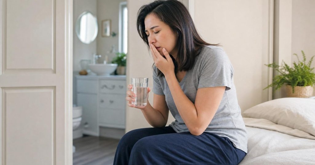 Adult woman at home holding water while feeling nauseated - SemaLiving guide to managing Ozempic vomiting